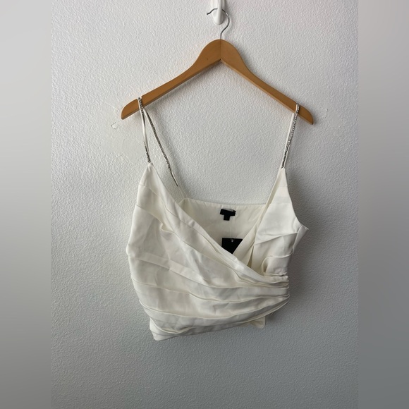 NBD Julina Crystal Embellished Top in Ivory & Silver Wrap Style Pleated Size L - Picture 8 of 14